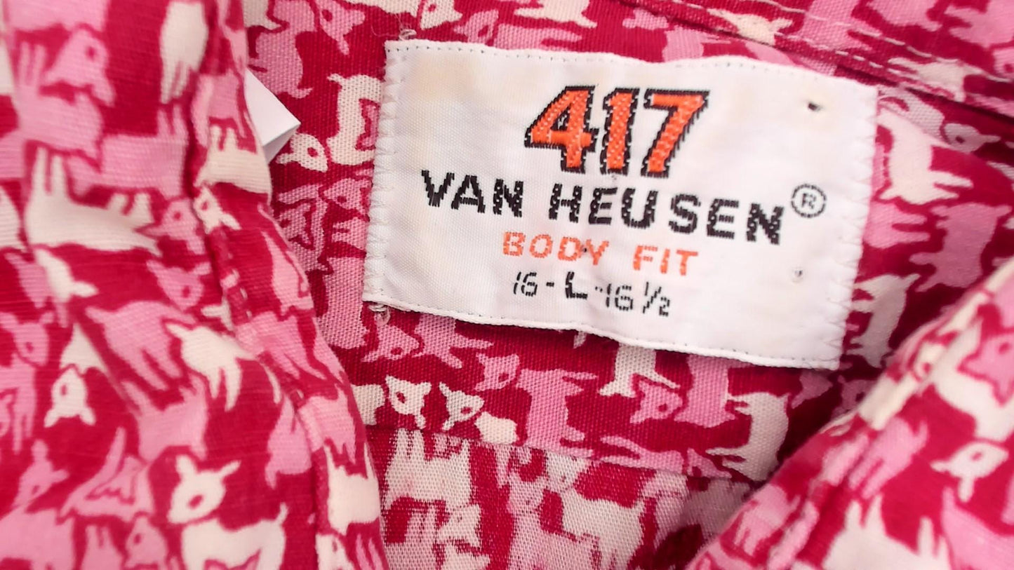 70s Van Heusen Lamb Print Button-Up Blouse Red Cream Pointed Collar Large L