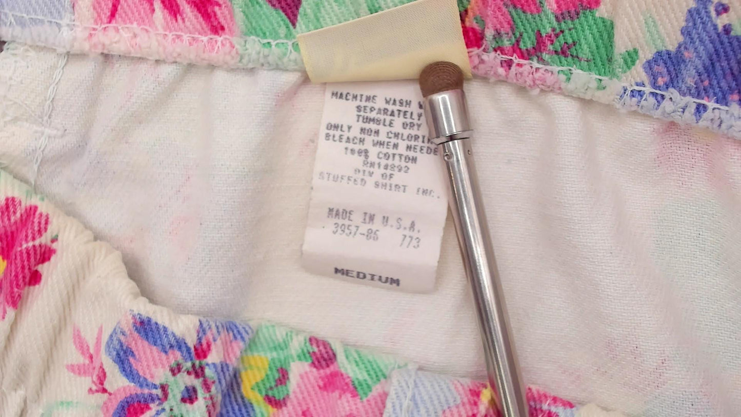 90s Vivaldi Floral Shorts High Waisted Pink Blue Cotton Pockets Medium