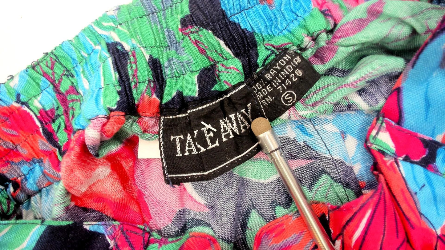 90s Tropical Floral High-Rise Shorts Rayon Black Pink Coral Small