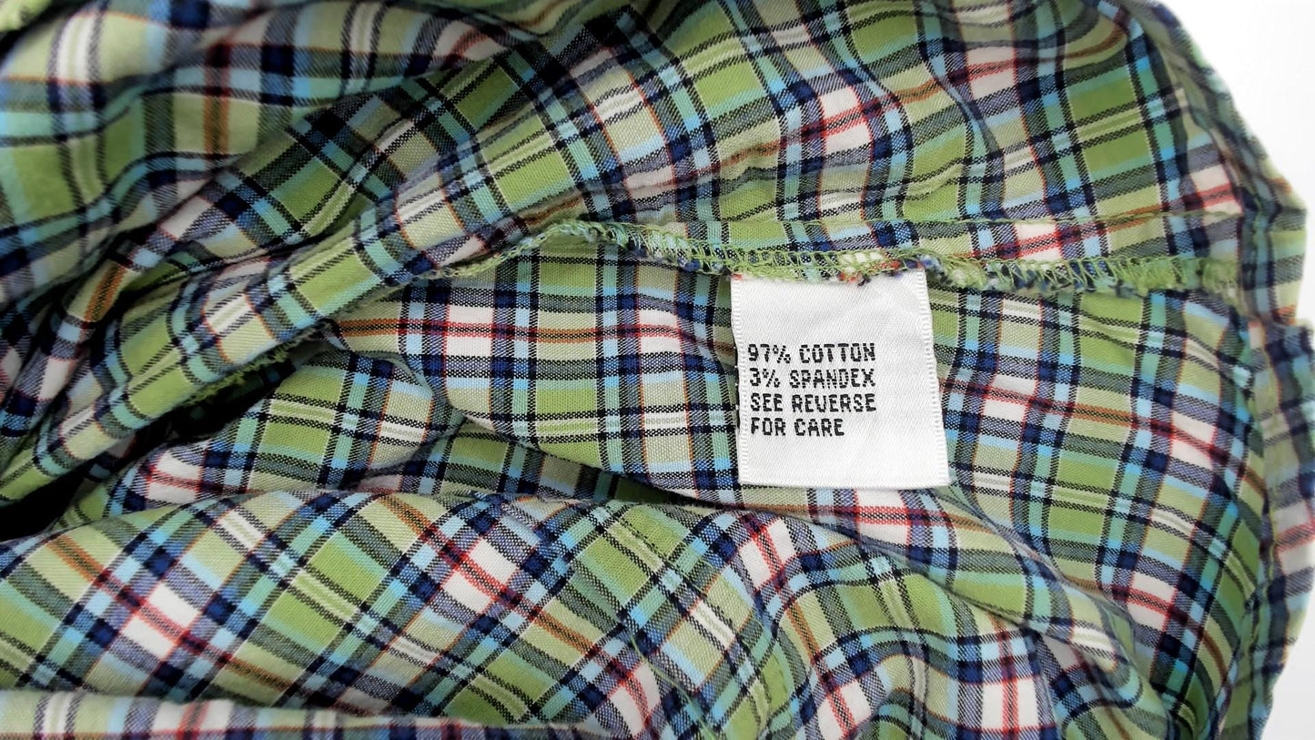 Y2K Talbots Plaid Button-Up Shirt Green Blue Floral Cuff Medium