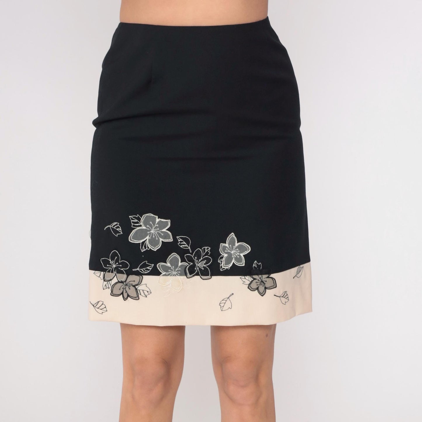 Y2K Loft Wool Pencil Skirt Black Cream Floral Embroidered Knee Length Small