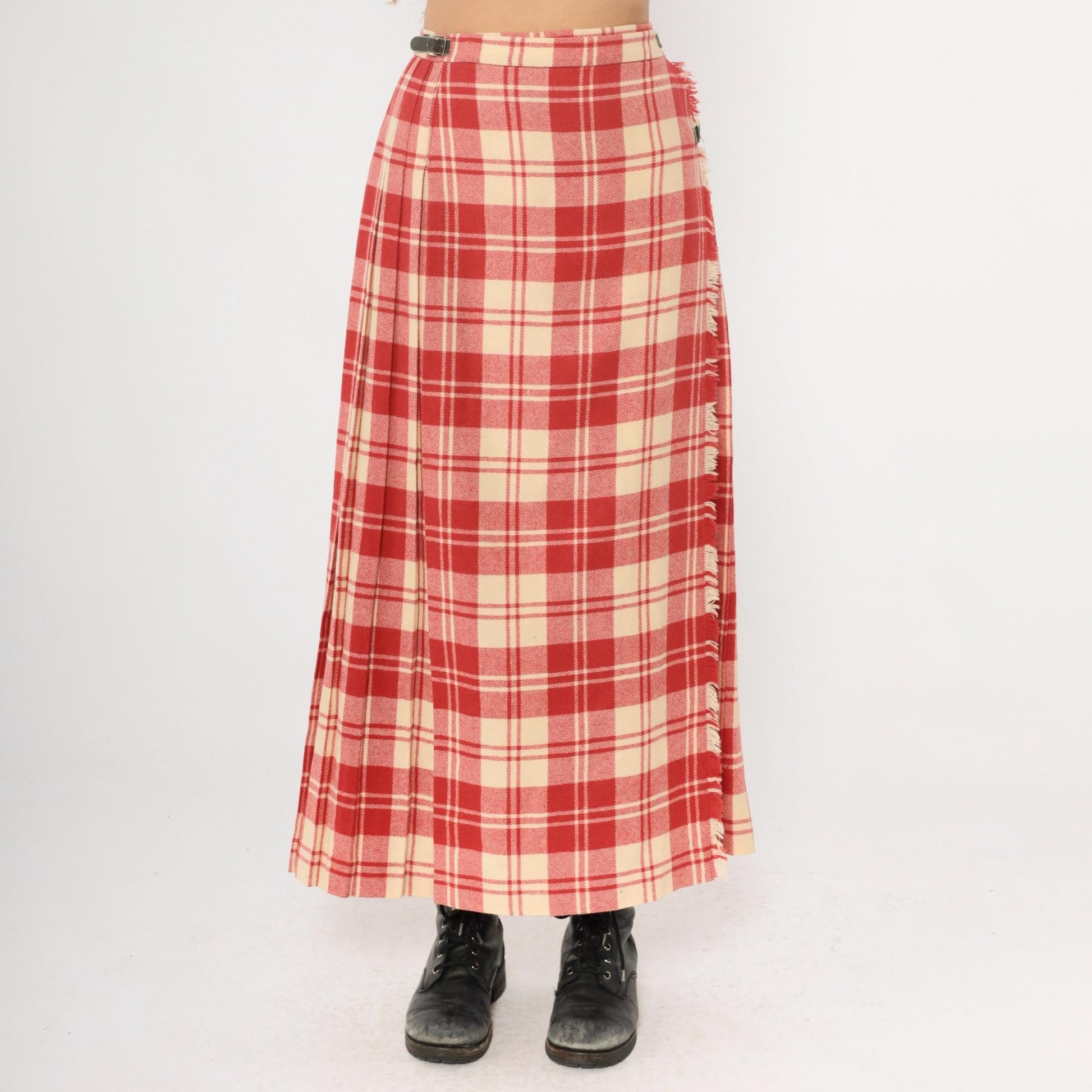 70s Laird Portch Tartan Wool Kilt Skirt Red Cream Pleated Wrap Small Medium