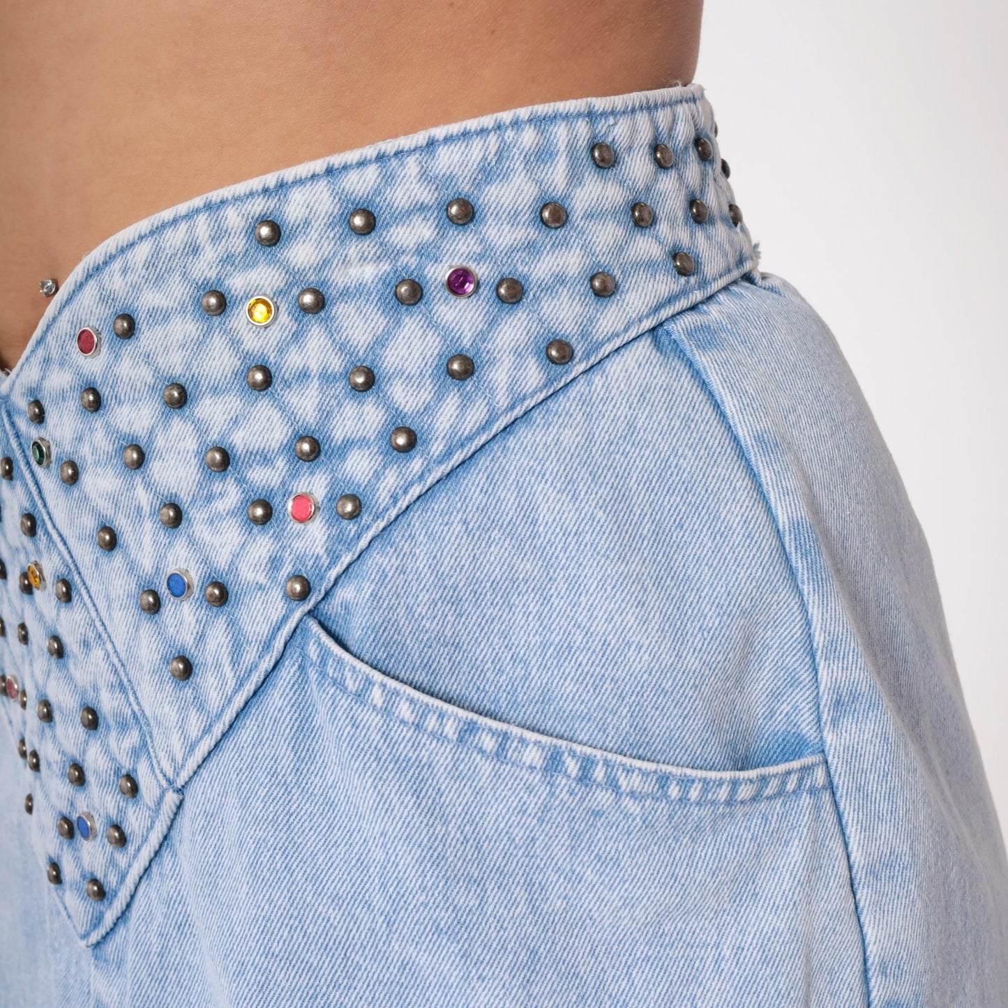 90s Opal Light Blue Studded Denim Mini Skirt Rhinestone High Waist Medium