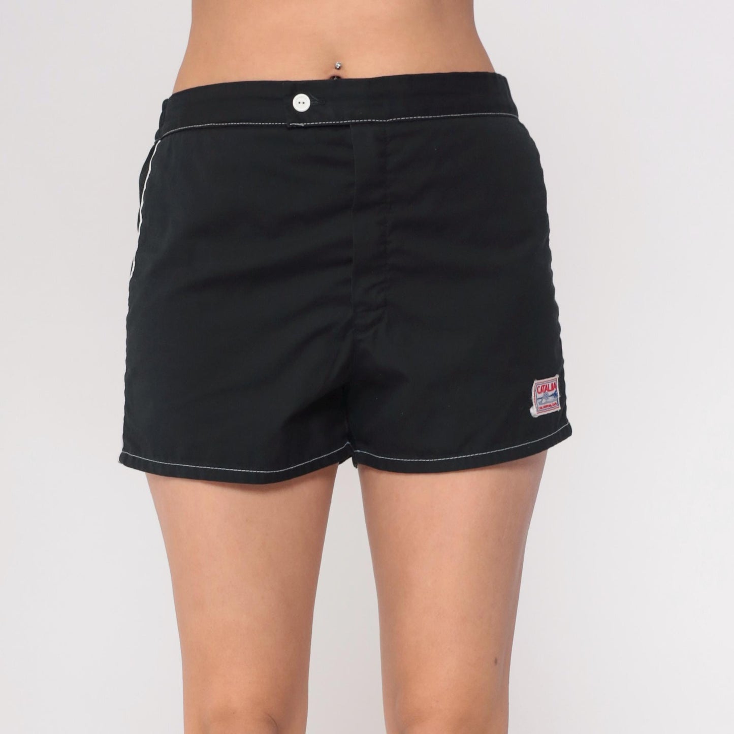 70s Catalina Black Swim Shorts White Contrast Stitching Elastic Waist Large