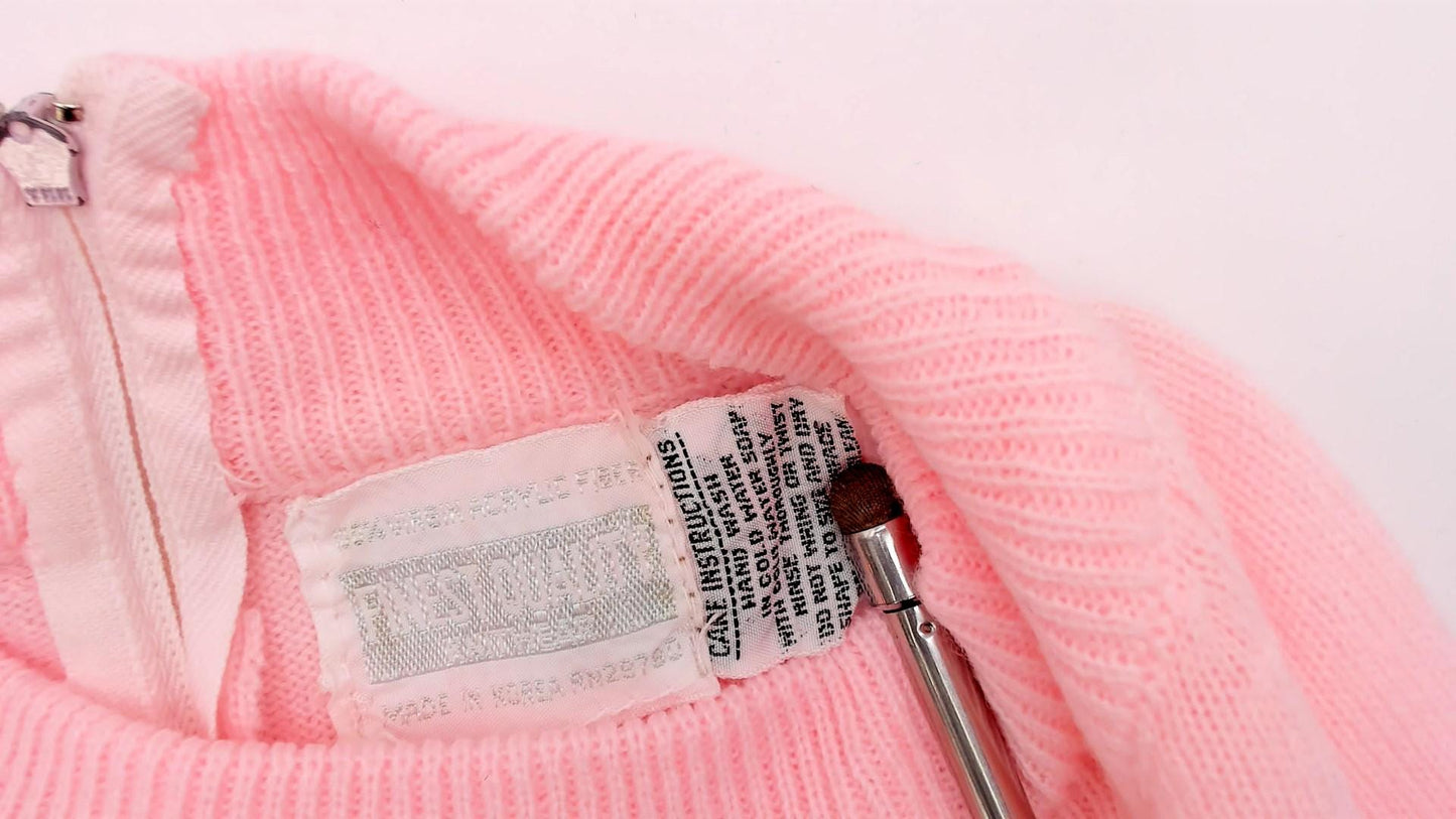 70s Pink Mock Neck Sweater Acrylic Knit Ribbed Cuffs Back Zip Small S
