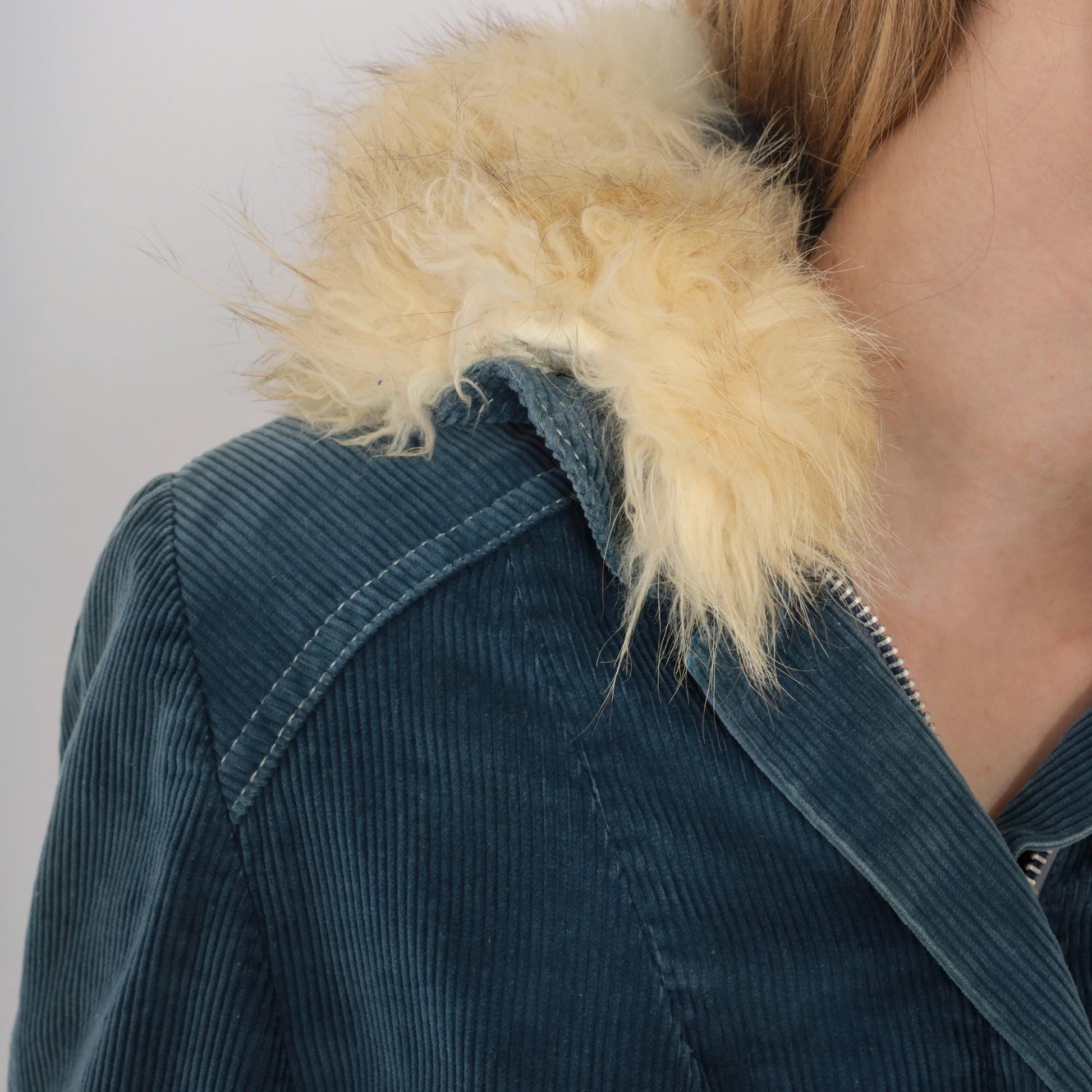 70s Blue Corduroy Jacket Cream Fur Collar Shearling Lined Knee Length Small
