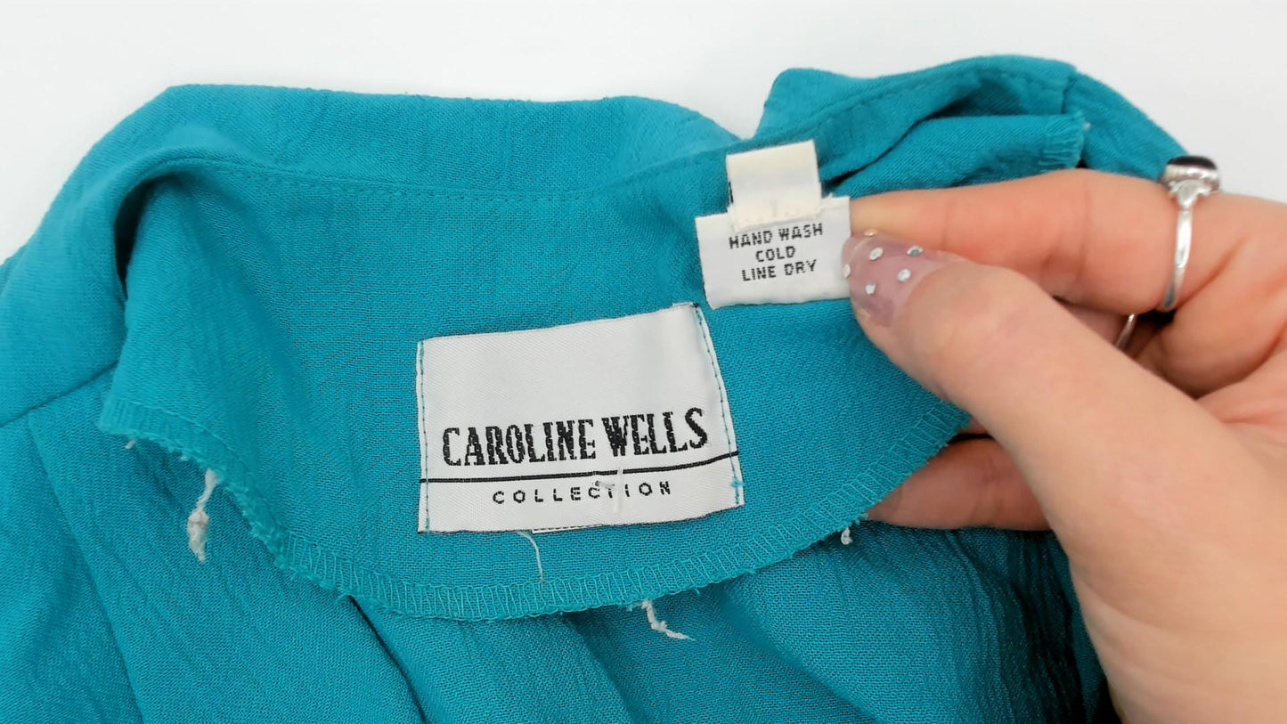 90s Caroline Wells Turquoise Floral Rayon Maxi Dress Short Sleeve Medium