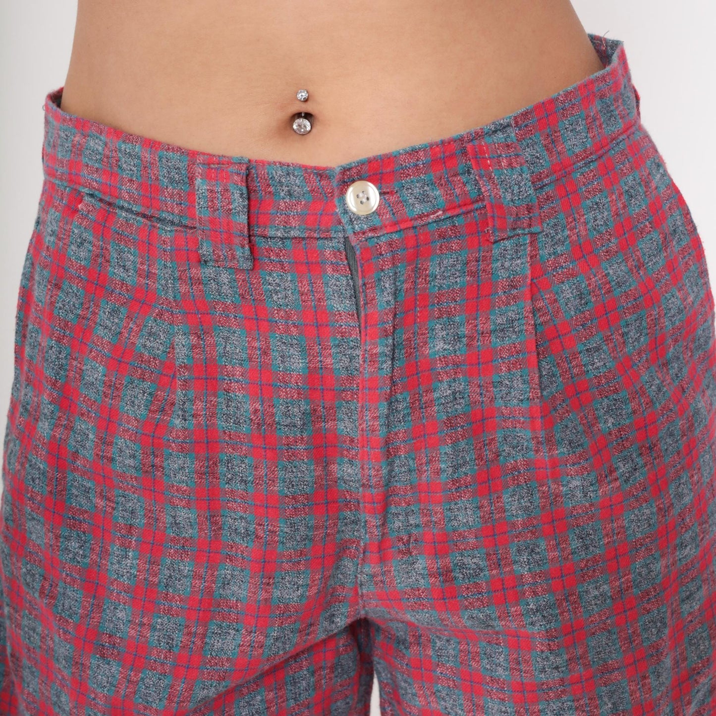 80s Pazzo Plaid High-Waisted Shorts Red Blue Button Front Medium