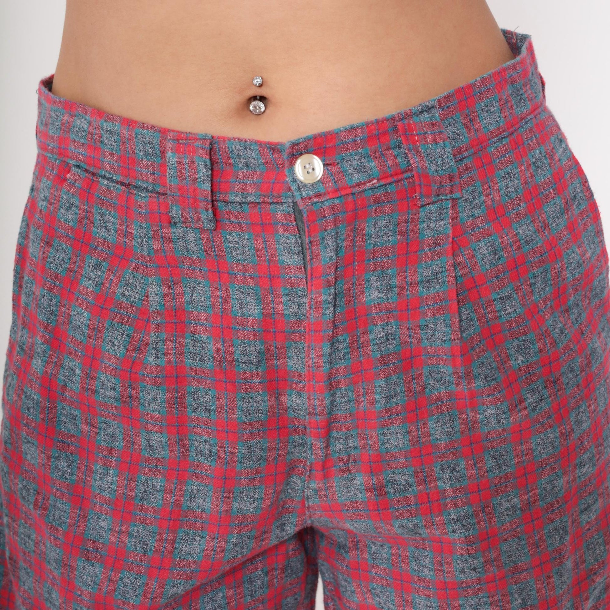 80s Pazzo Plaid High-Waisted Shorts Red Blue Button Front Medium