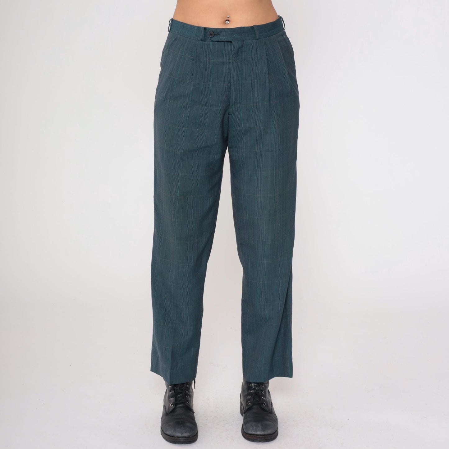 80s Dark Teal Plaid High Waist Straight Leg Trousers Pleated Large