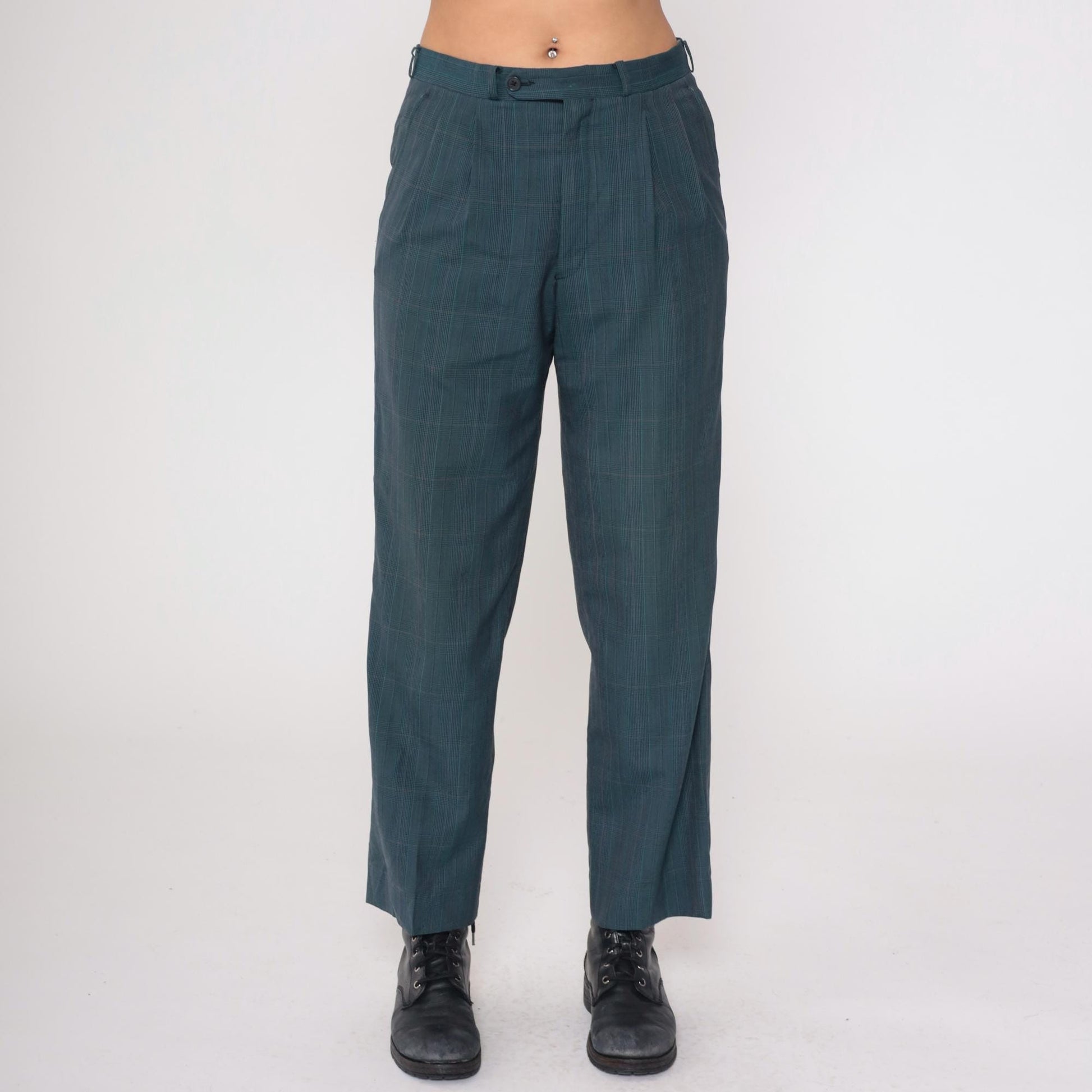 80s Dark Teal Plaid High Waist Straight Leg Trousers Pleated Large