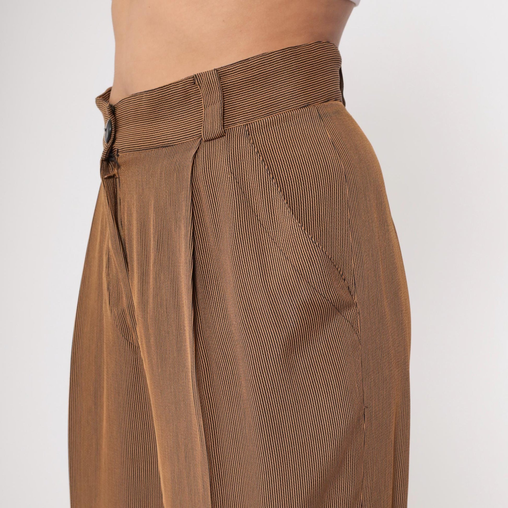 80s Emanuel Ungaro Pinstriped Trousers Brown Tan High Waist Pleated Medium