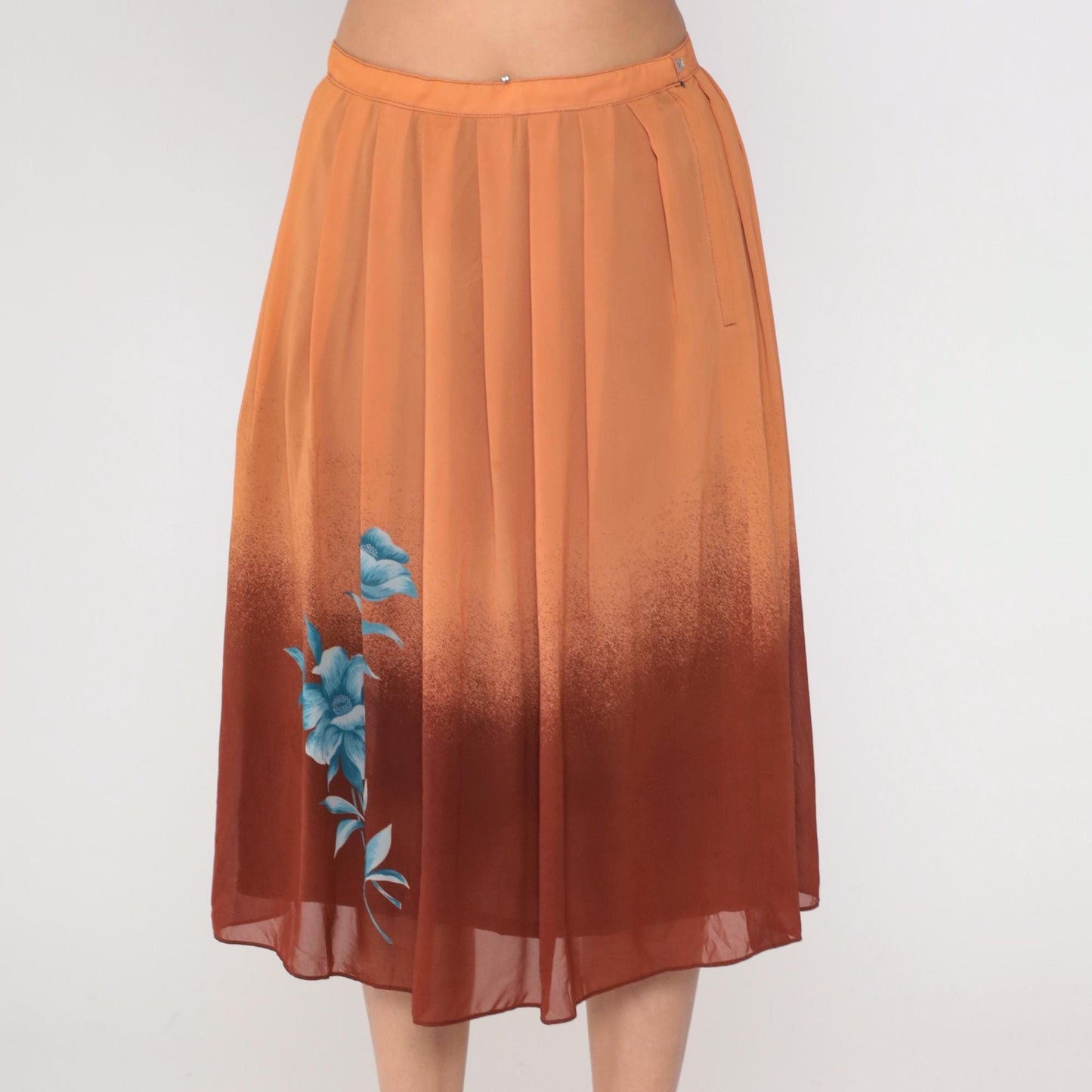 70s Peachy Brown Ombre Pleated Knee Skirt Blue Floral Small
