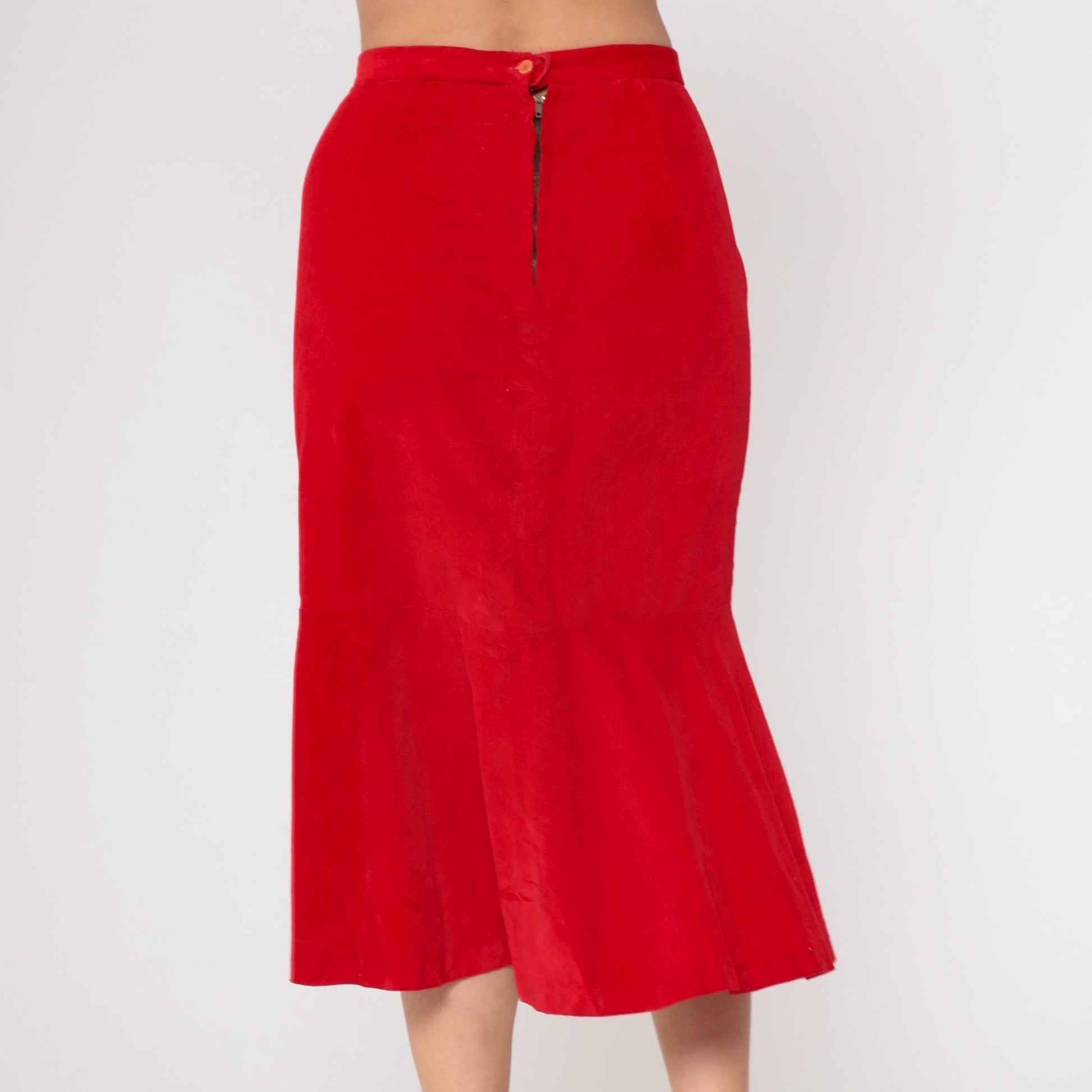 70s Red Velvet Midi Skirt Bucaretti High Waisted Trumpet Flare Small
