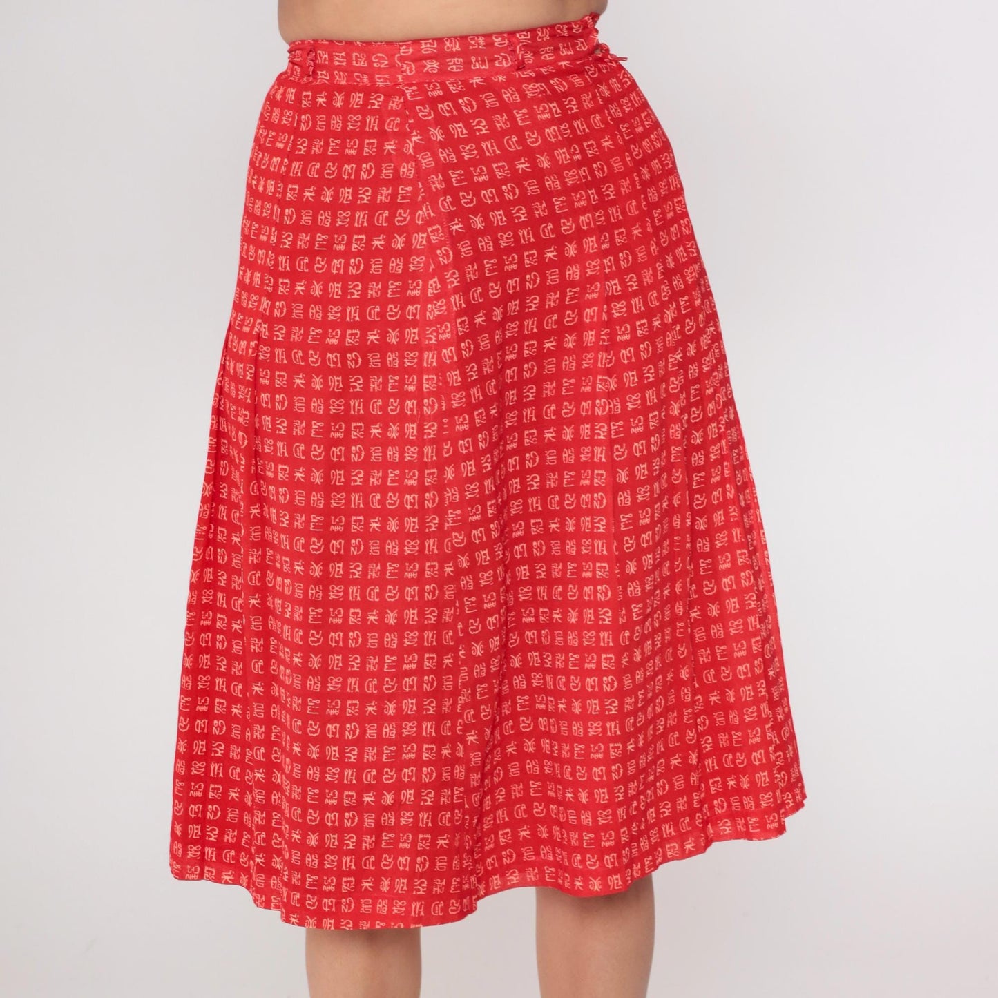 80s Red A-Line Mini Skirt Chinese Character Print High Waist Extra Small