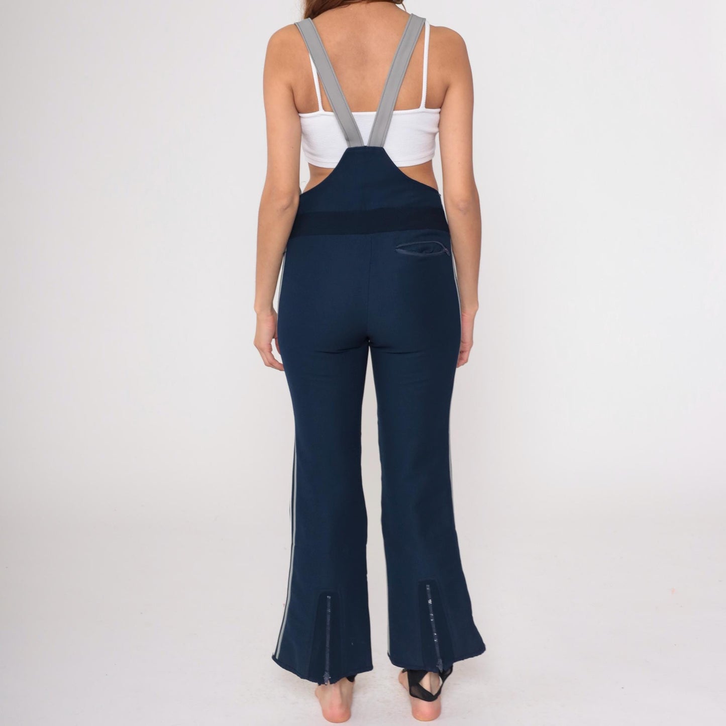 70s Obermeyer Wool Ski Bib Pants Gray Navy Colorblock High Waisted Medium