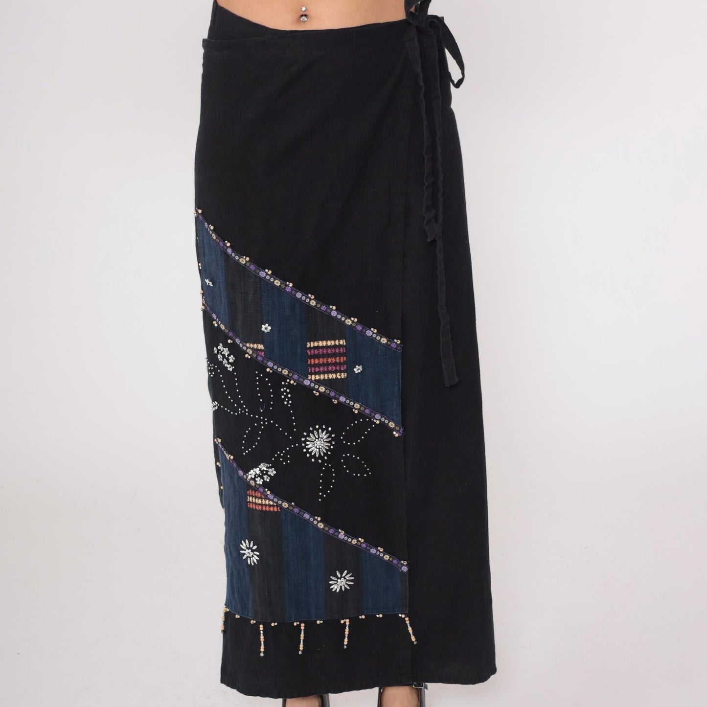 Y2K Black Wrap Skirt Beaded Navy Maxi Sequin Geometric Tribal Cotton Large