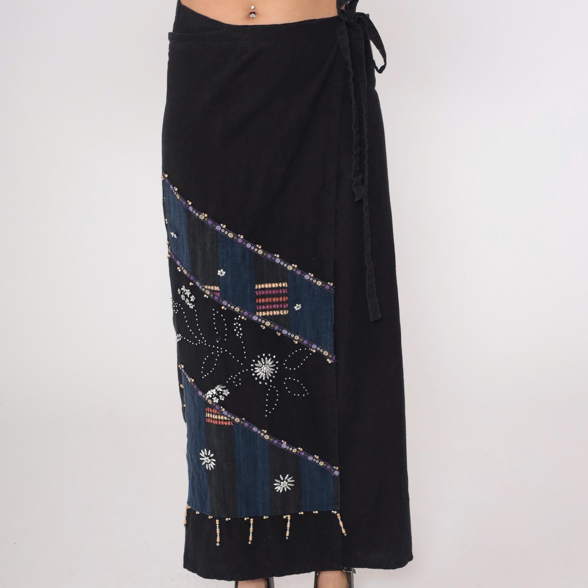 Y2K Black Wrap Skirt Beaded Navy Maxi Sequin Geometric Tribal Cotton Large