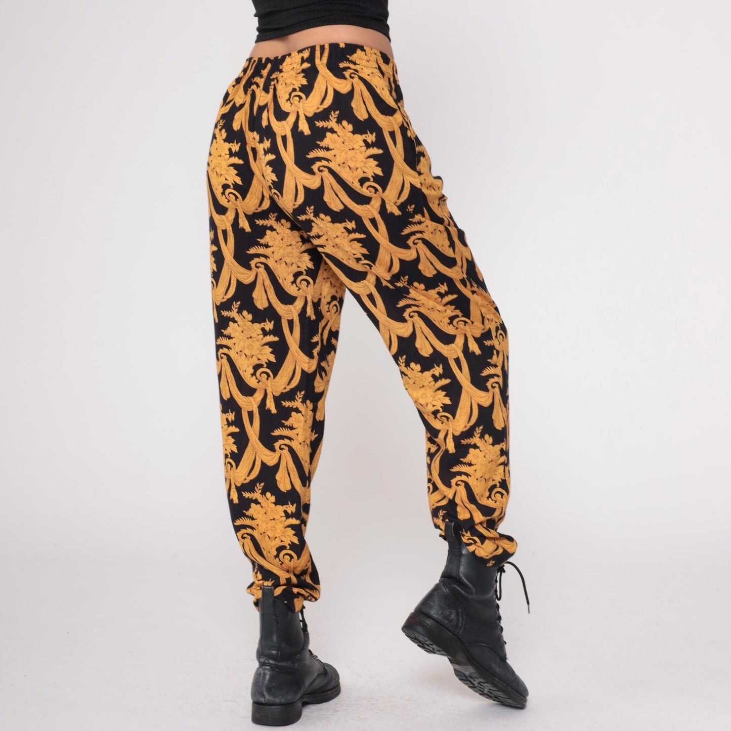 90s Judy Knapp Black Gold Baroque Damask Pants Elastic Waist Medium M