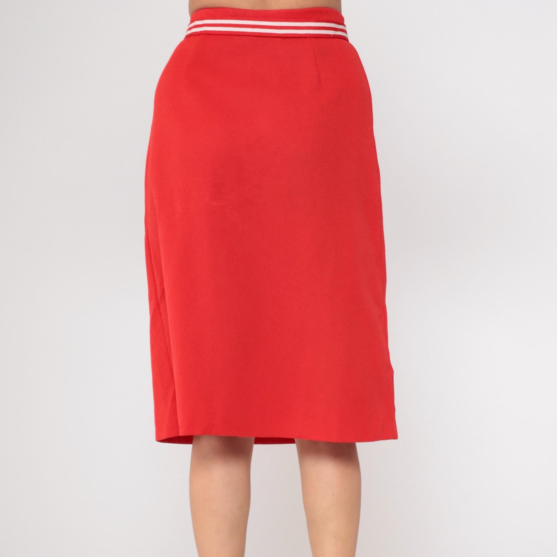80s Act 3 Red Pencil Skirt White Striped Belt Knee-Length Medium