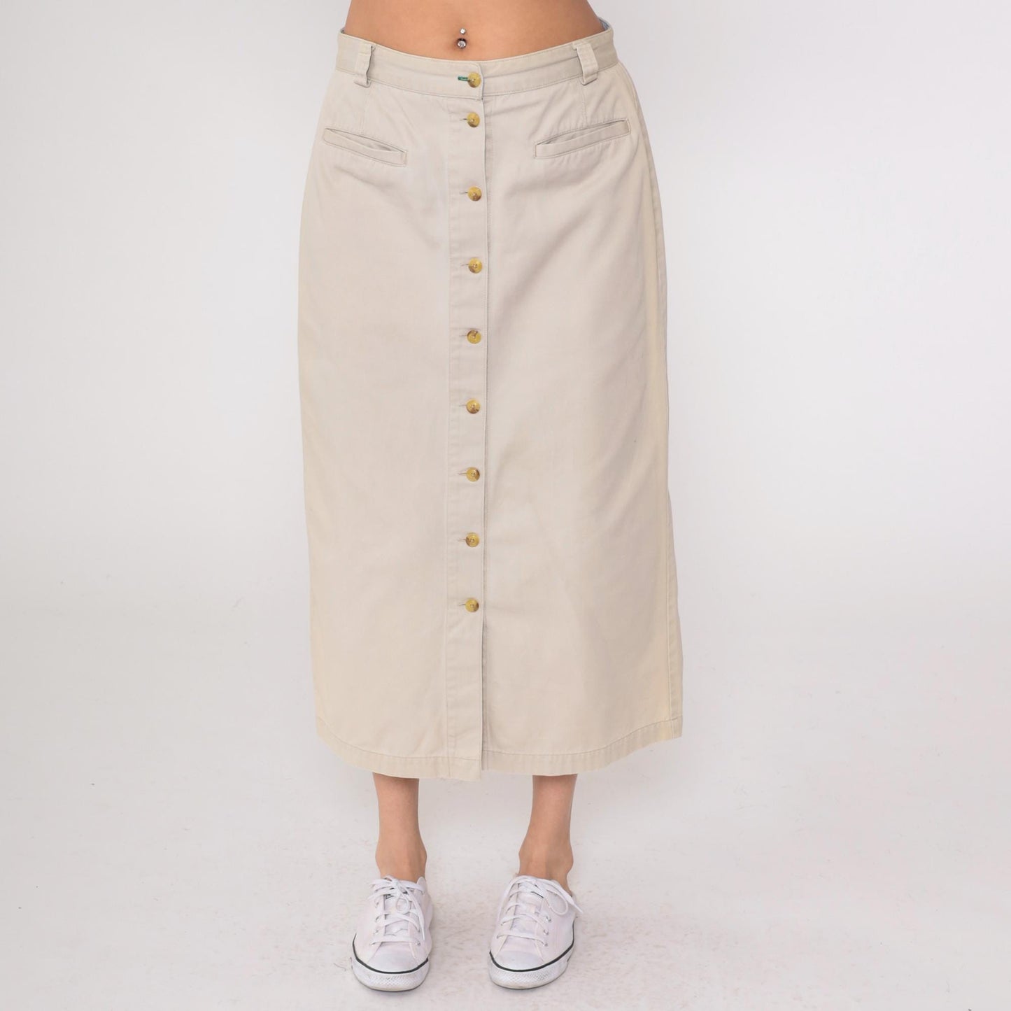 90s Tommy Hilfiger Khaki Skirt Cotton High Waist Button Front Large