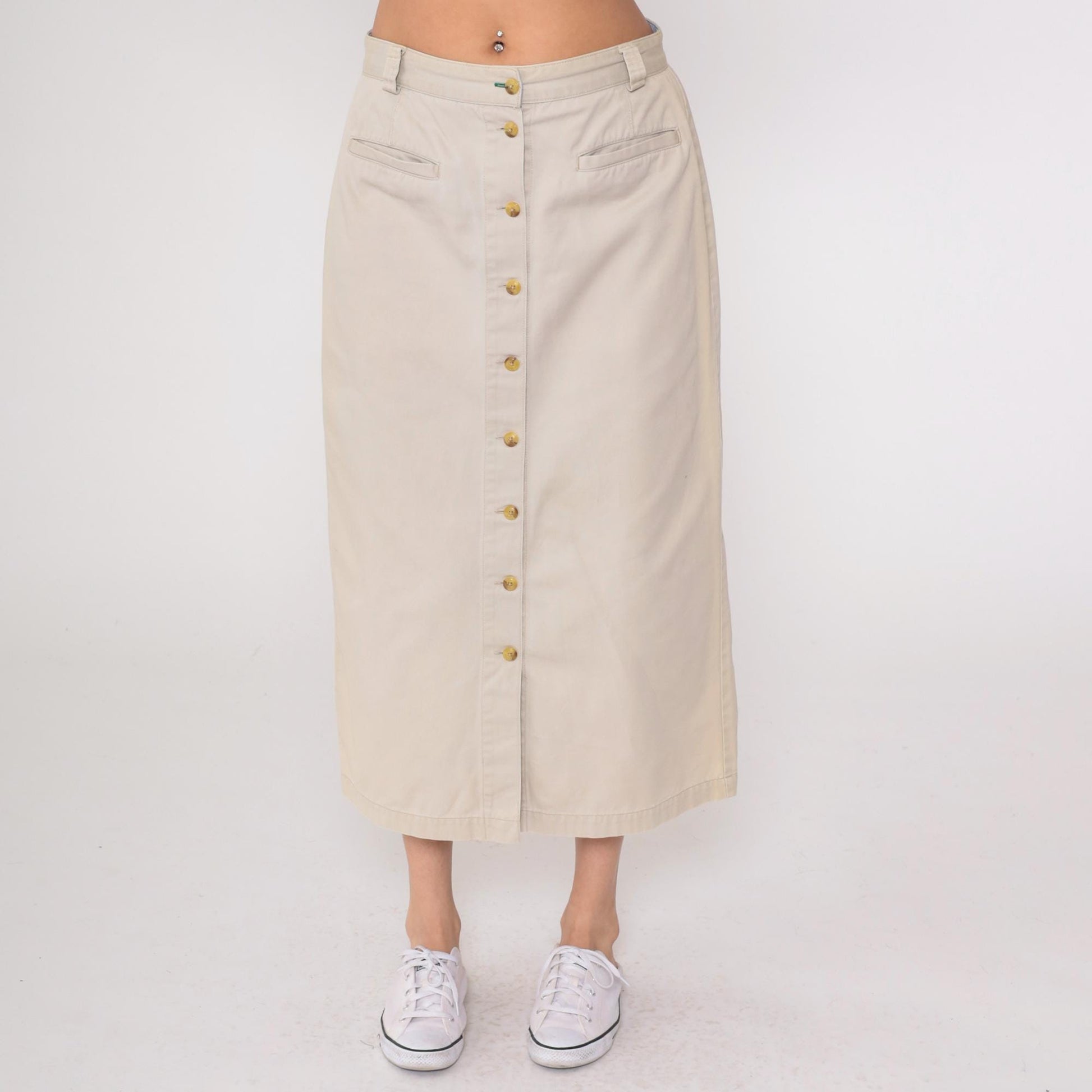 90s Tommy Hilfiger Khaki Skirt Cotton High Waist Button Front Large