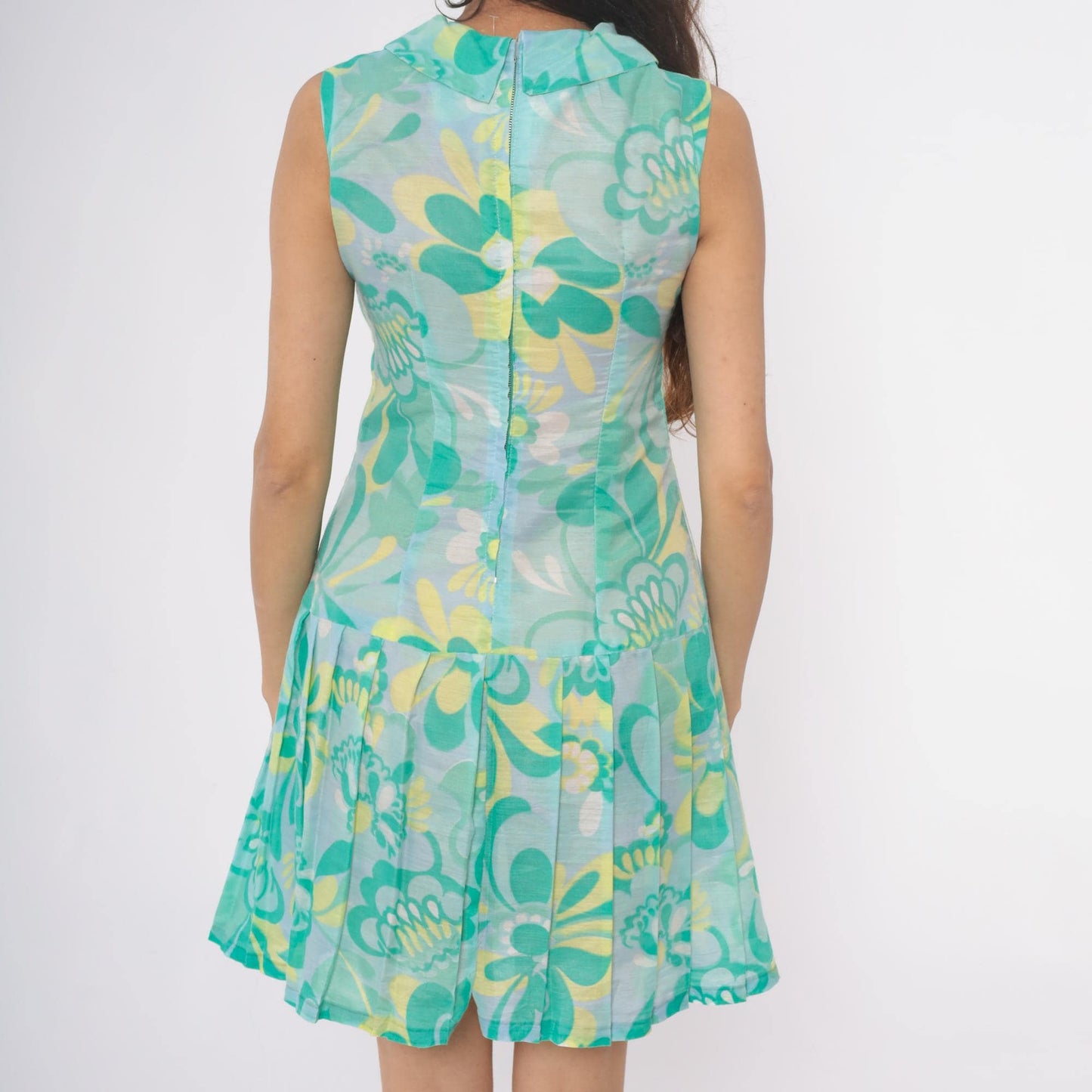 60s Mod Floral Drop Waist Dress Turquoise Peter Pan Collar Pleated Small