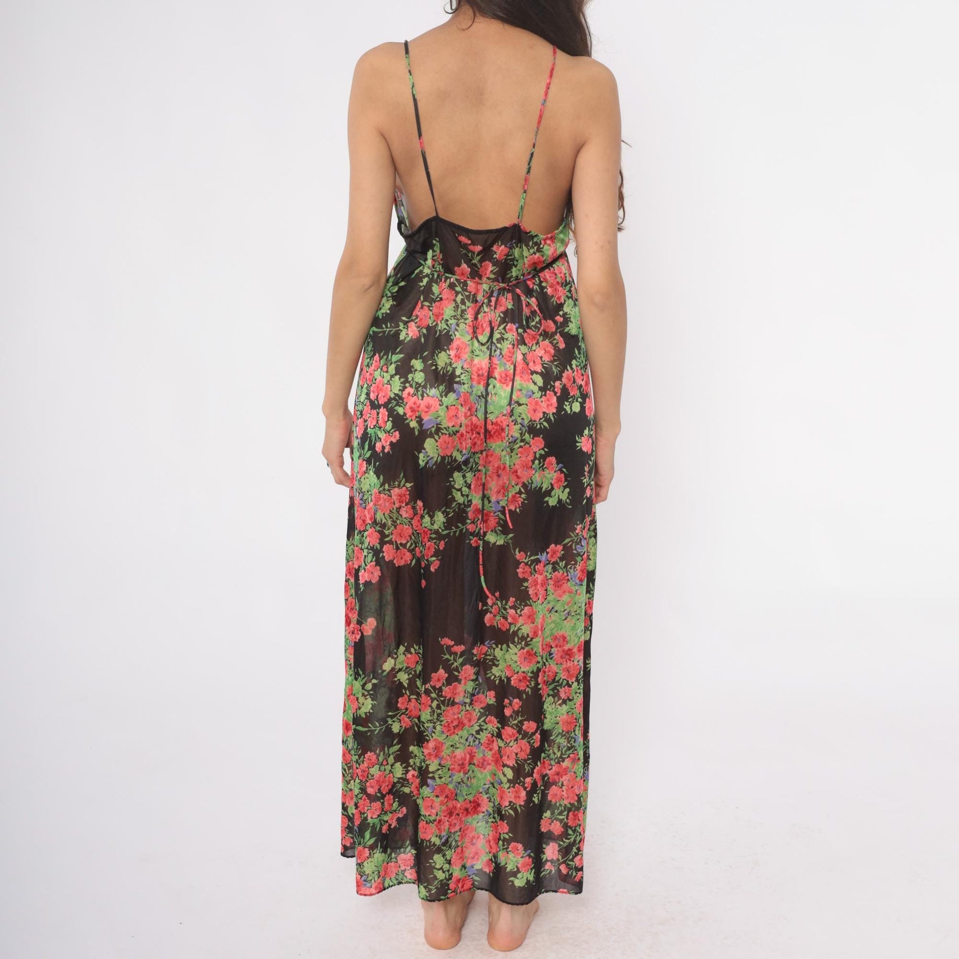 70s Black Floral Maxi Slip Dress Empire Waist V-Neck Spaghetti Strap Small