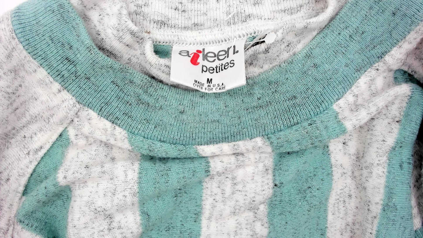 90s Aileen Petites Striped Mock Neck Sweatshirt Teal Grey Medium