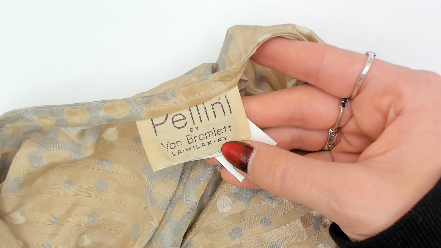 80s Pellini Wrap Dress Beige Polka Dot Diagonal Stripe V-Neck Kimono Sleeve Small