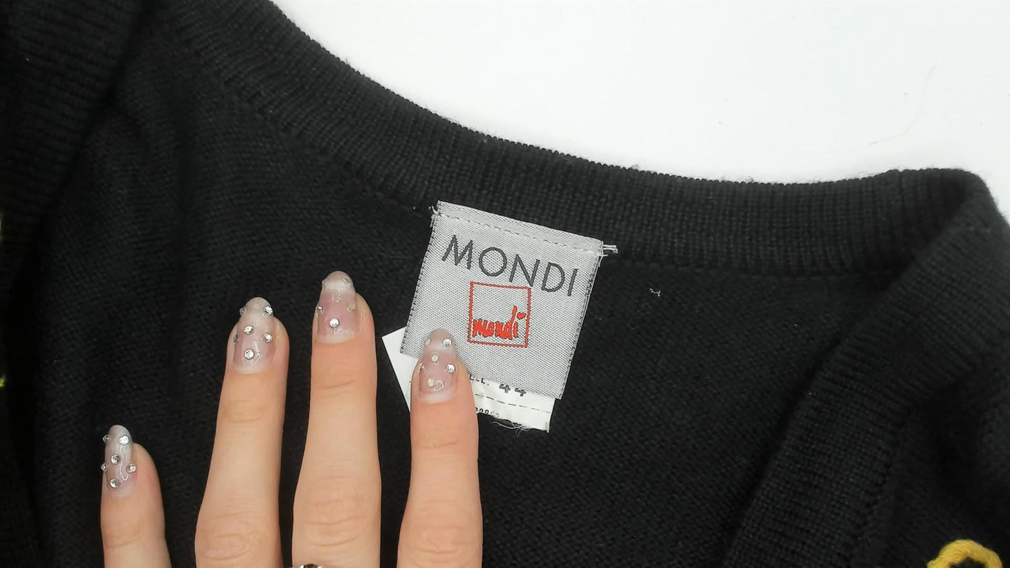 90s Mondi Black Cardigan Gold Embroidered Abstract Wool Blend Longline Medium