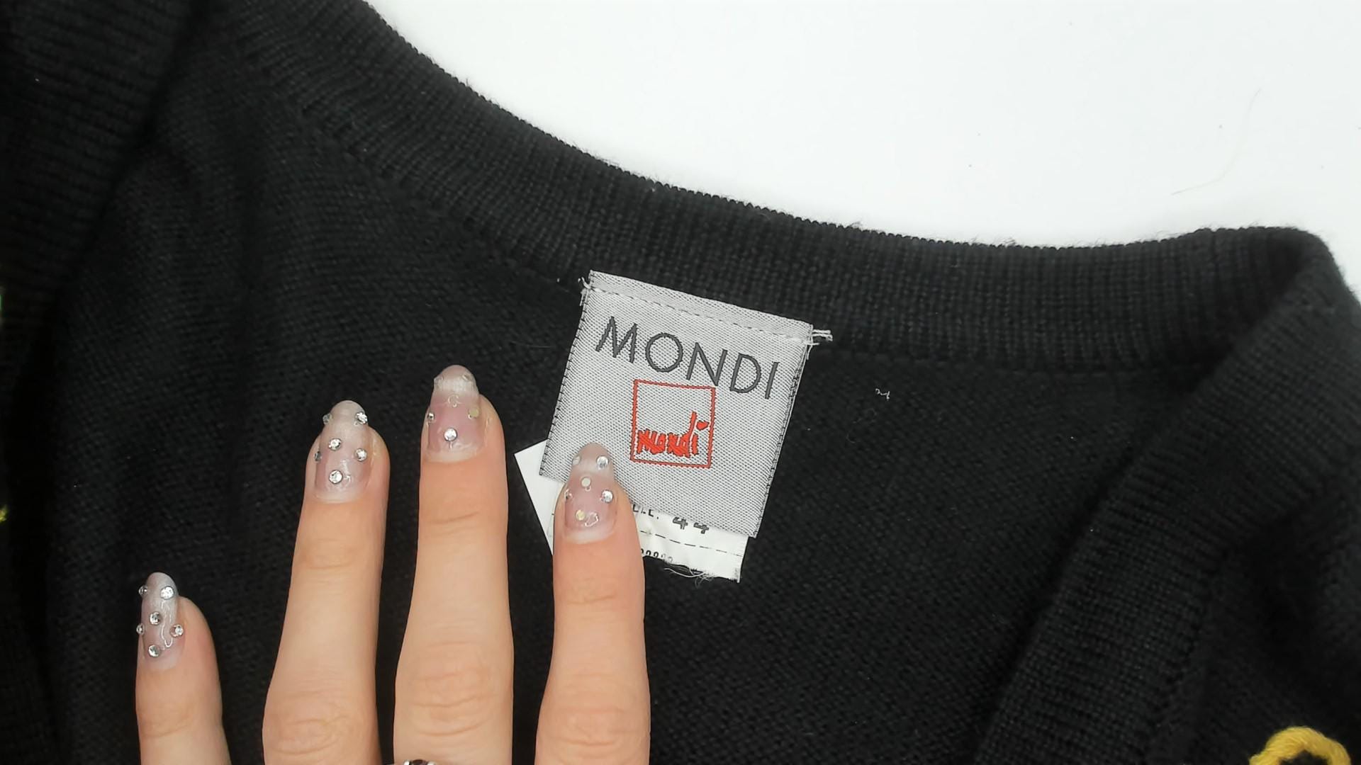 90s Mondi Black Cardigan Gold Embroidered Abstract Wool Blend Longline Medium