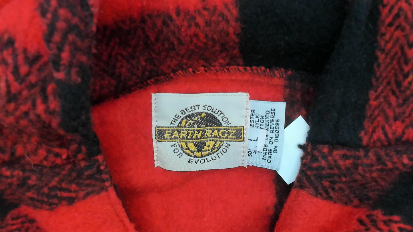 90s Buffalo Plaid Hoodie Red Black Half-Zip Earth Ragz Fleece Large L