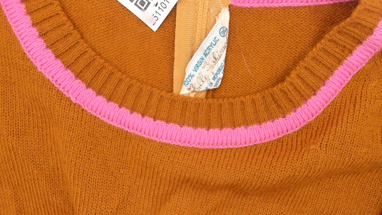 70s Filly Fashion Mustard Knit Sweater Pink Trim Cropped Back Zip Small S