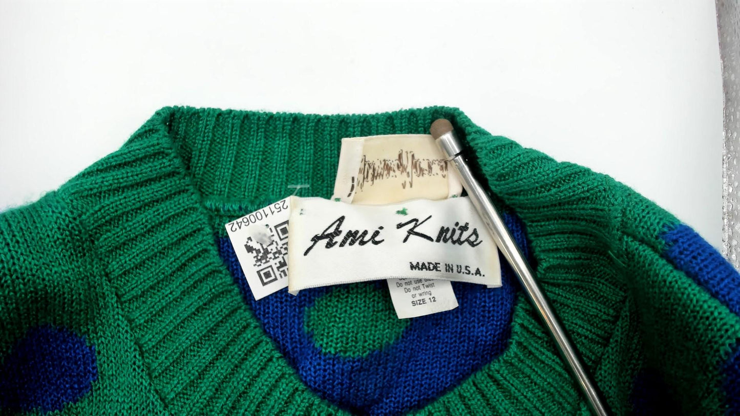 80s Ami Knits Cardigan Green Polka Dot Blue Striped Sleeves Large L