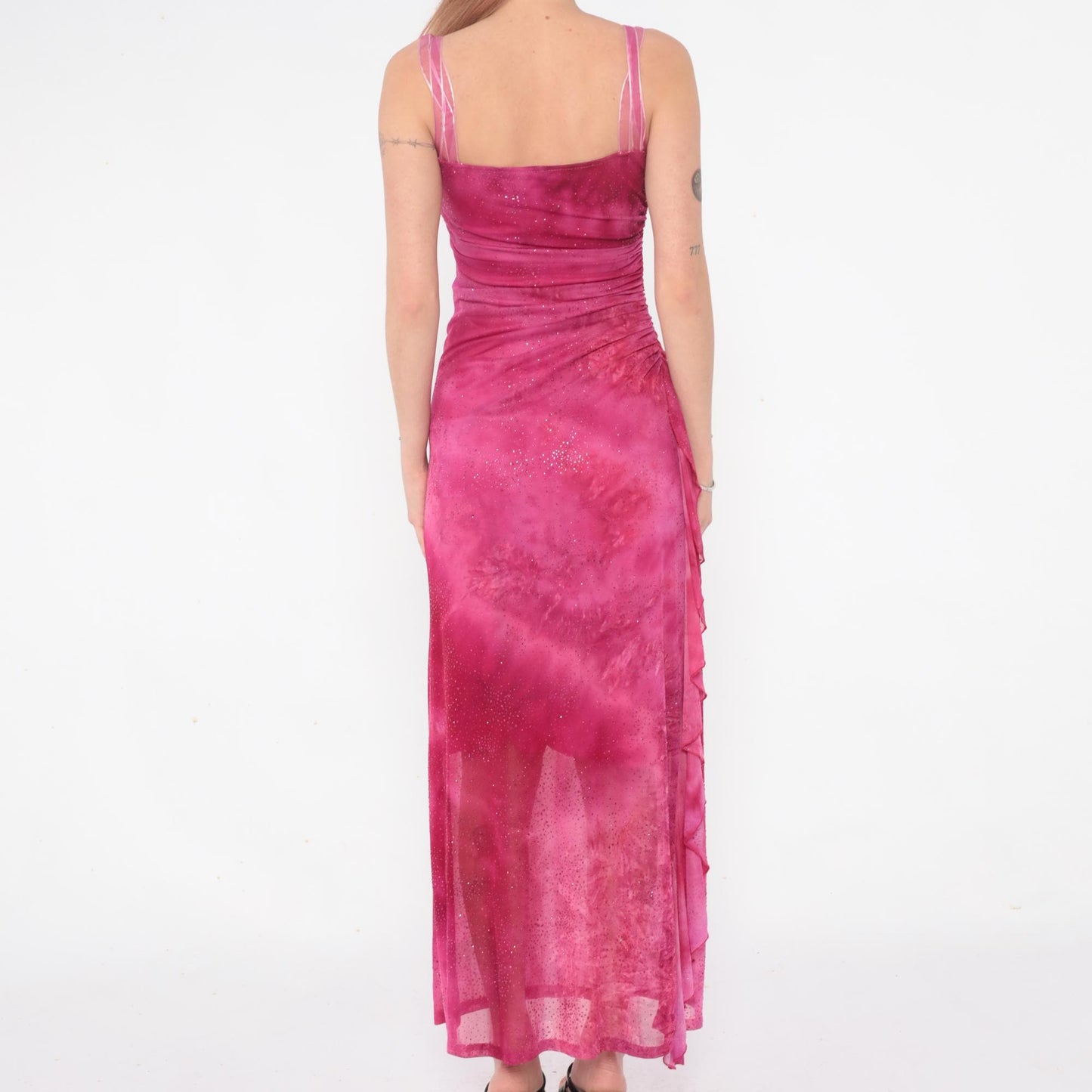 Y2K Hot Pink Sparkle Maxi Dress Ruched Spaghetti Strap Extra Small