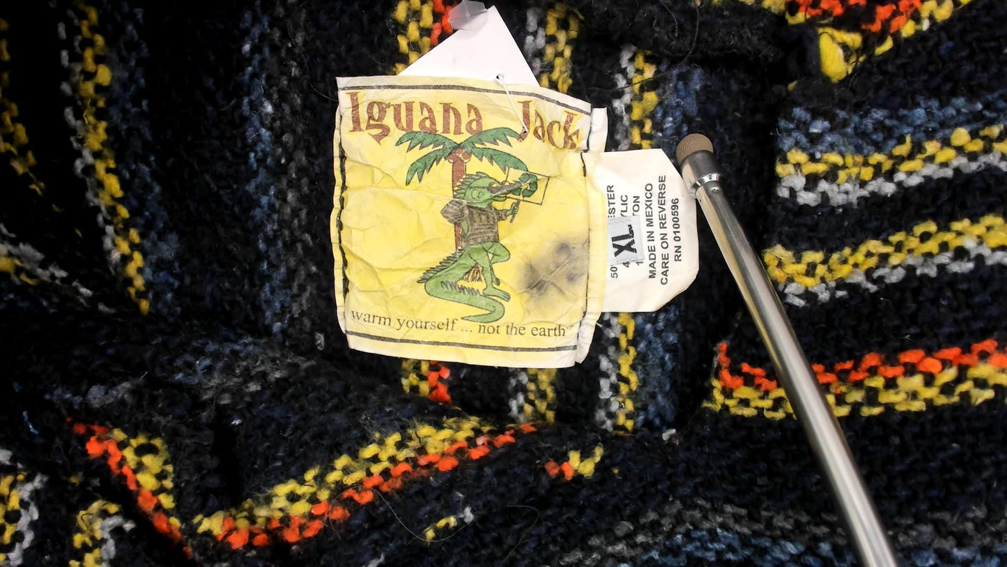 90s Iguana Jack Baja Hoodie Black Striped Woven Kangaroo Pocket Extra Large XL