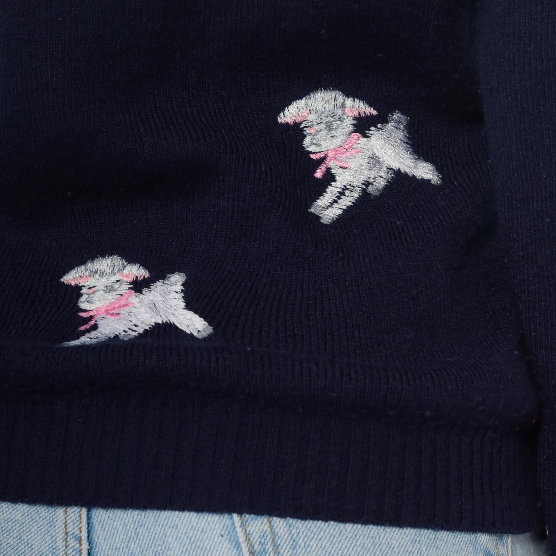 70s Shirlee Designs Navy Lamb Sweater Embroidered Pink Bows Large L