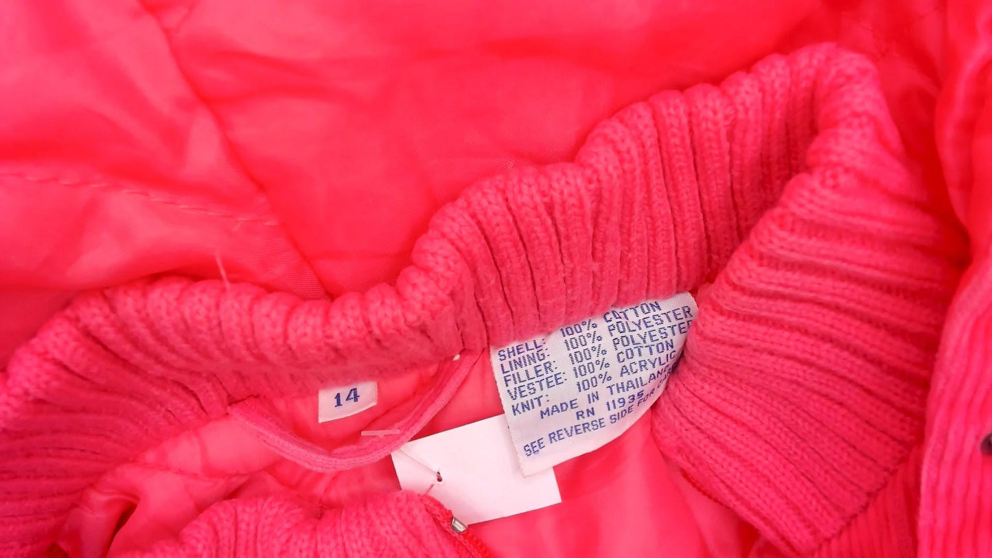 80s Coral Corduroy Hooded Puffer Jacket Zip Front Ribbed Cuffs Small S