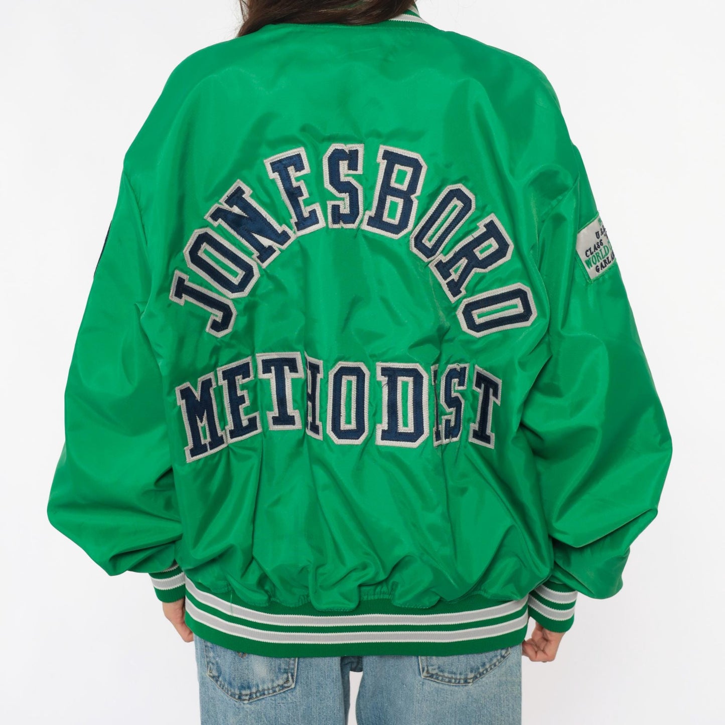 80s Green Varsity Bomber Jacket Embroidered Patches Snap Front Extra Large XL