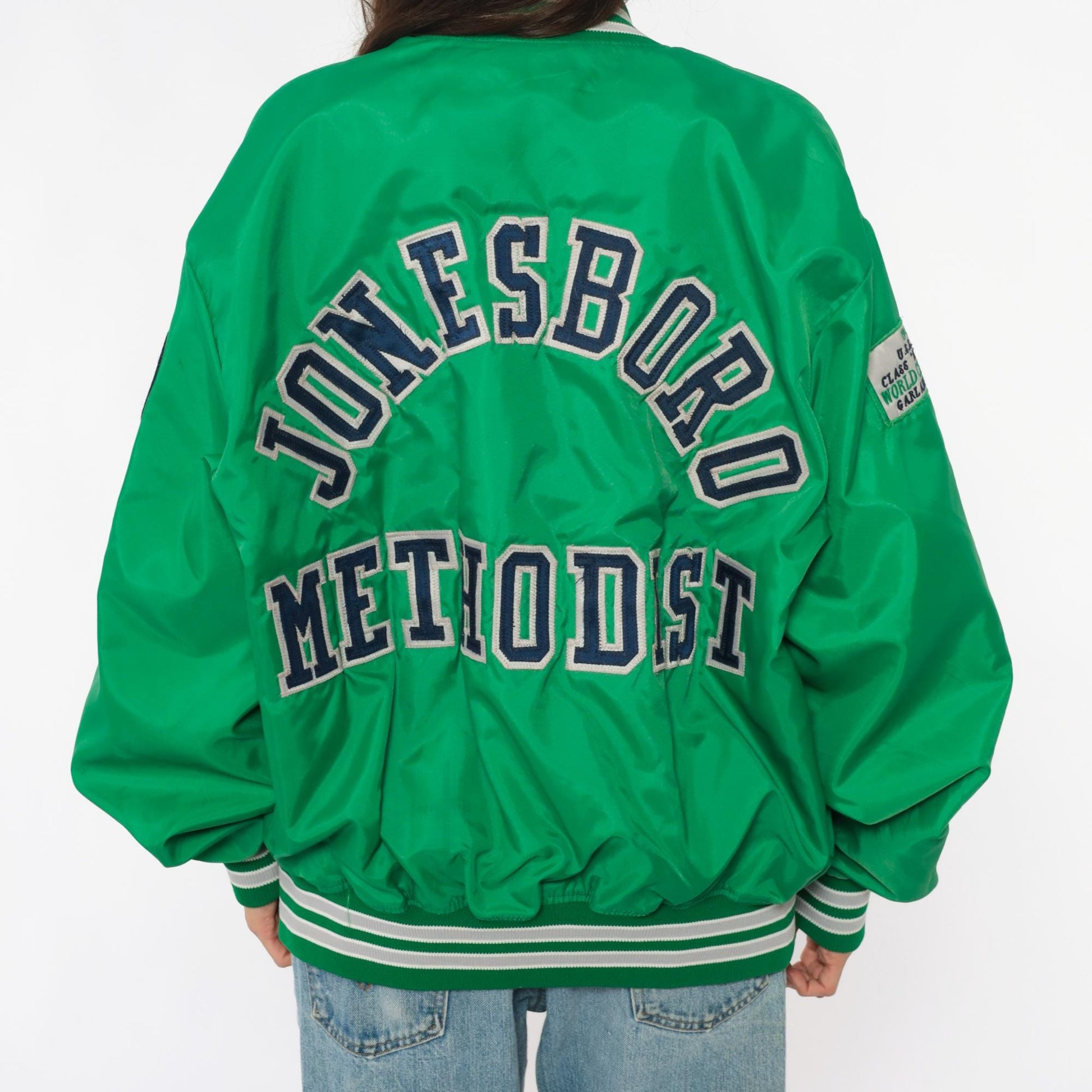 80s Green Varsity Bomber Jacket Embroidered Patches Snap Front Extra Large XL