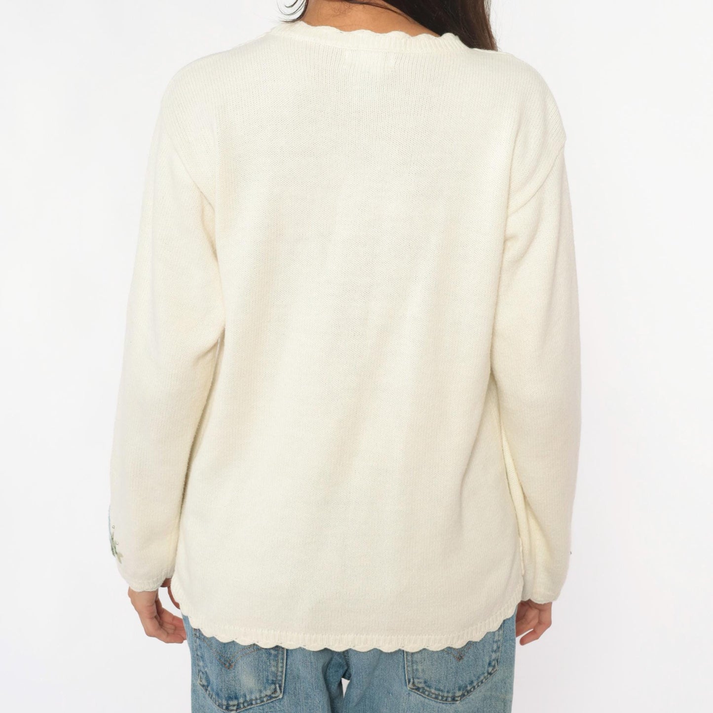90s Koret Cream Cardigan Floral Embroidery Scalloped Trim Medium M