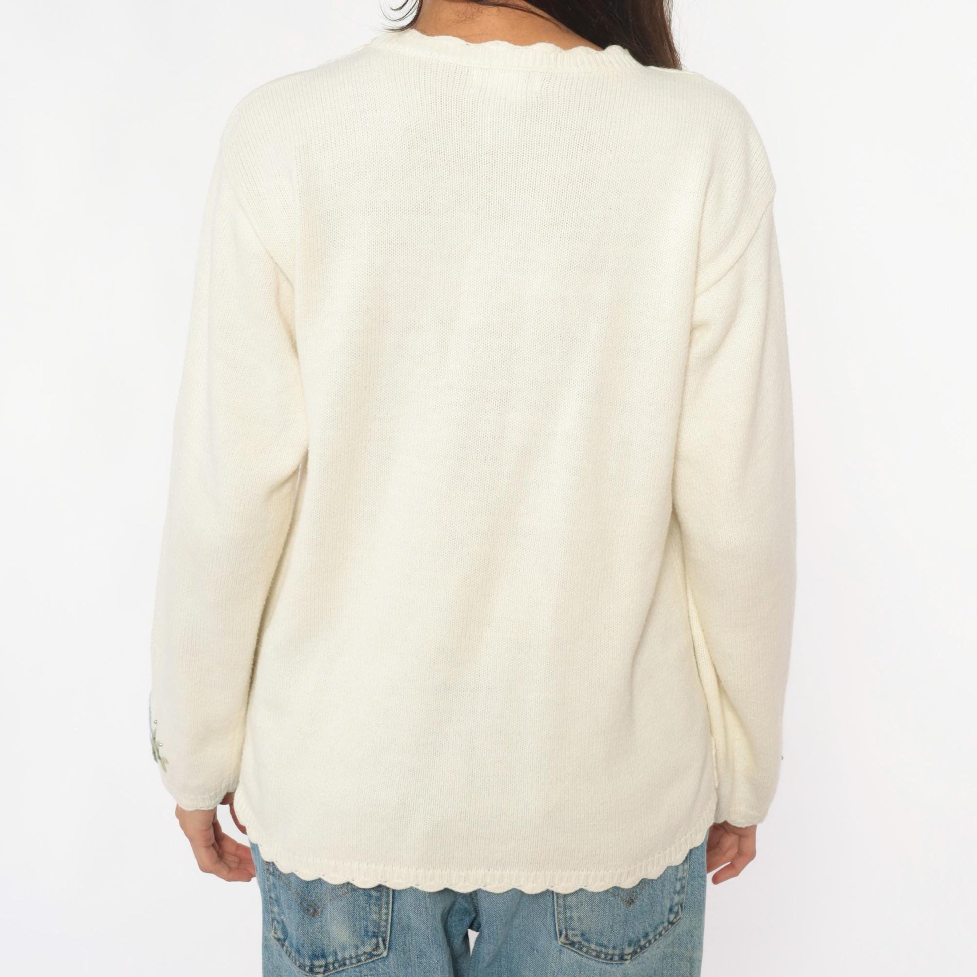 90s Koret Cream Cardigan Floral Embroidery Scalloped Trim Medium M