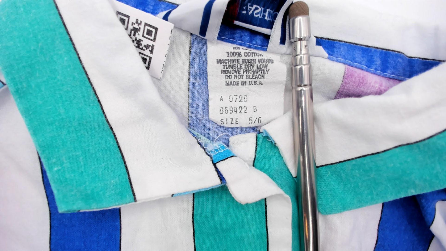 80s Avon Fashions Striped Cotton Blouse Vertical Stripes Purple Blue Small S