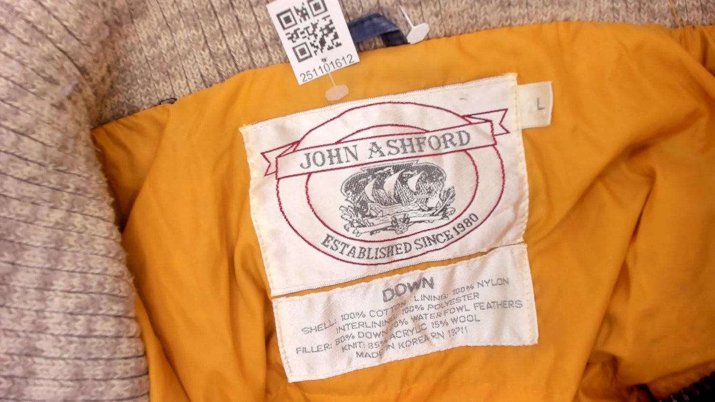 90s John Ashford Navy Bomber Jacket Down Fill Sherpa Collar Yellow Lining Large L