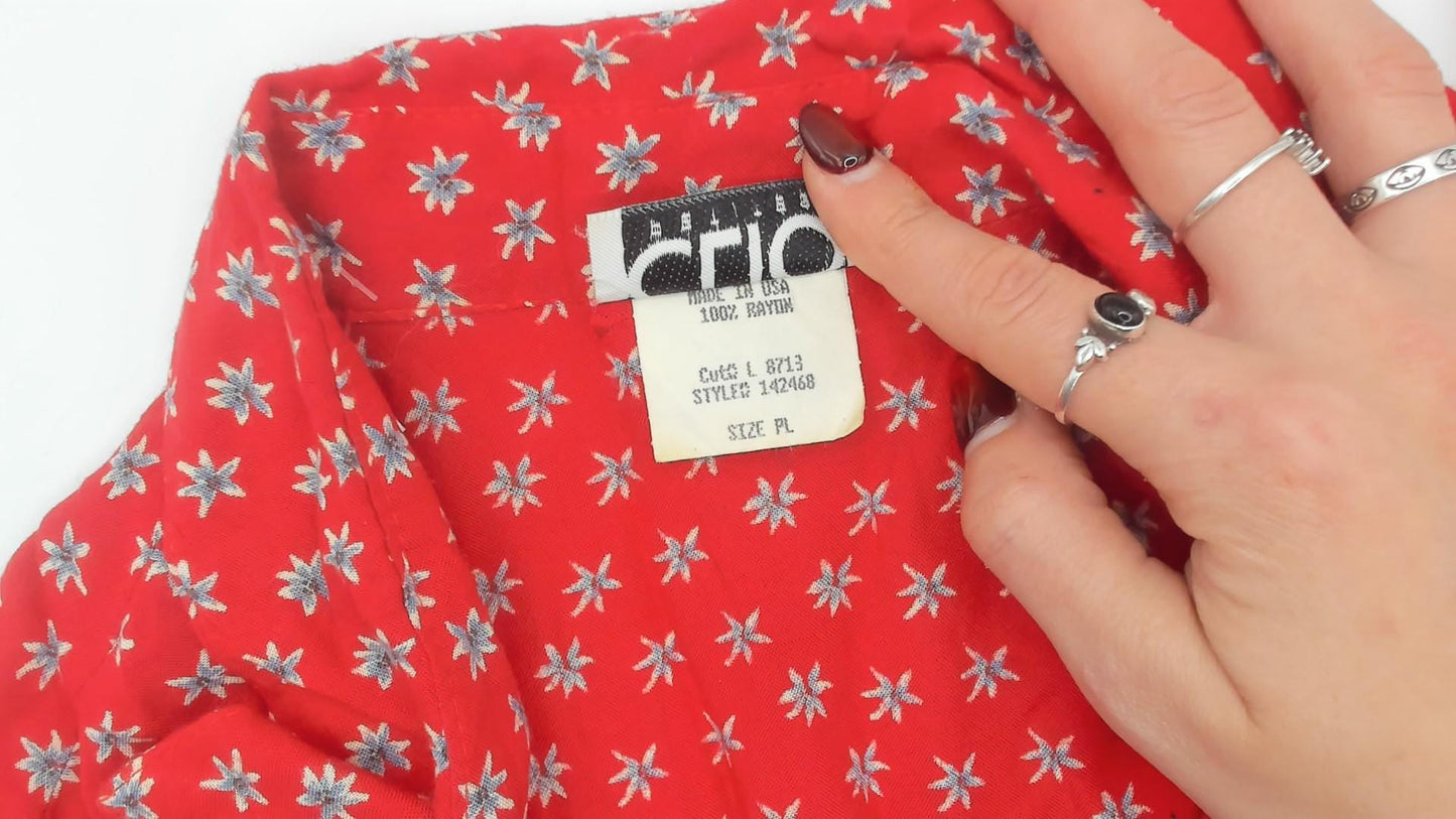 90s Clio Petites Red Floral Button-Down Shirt White Ditsy Print Large