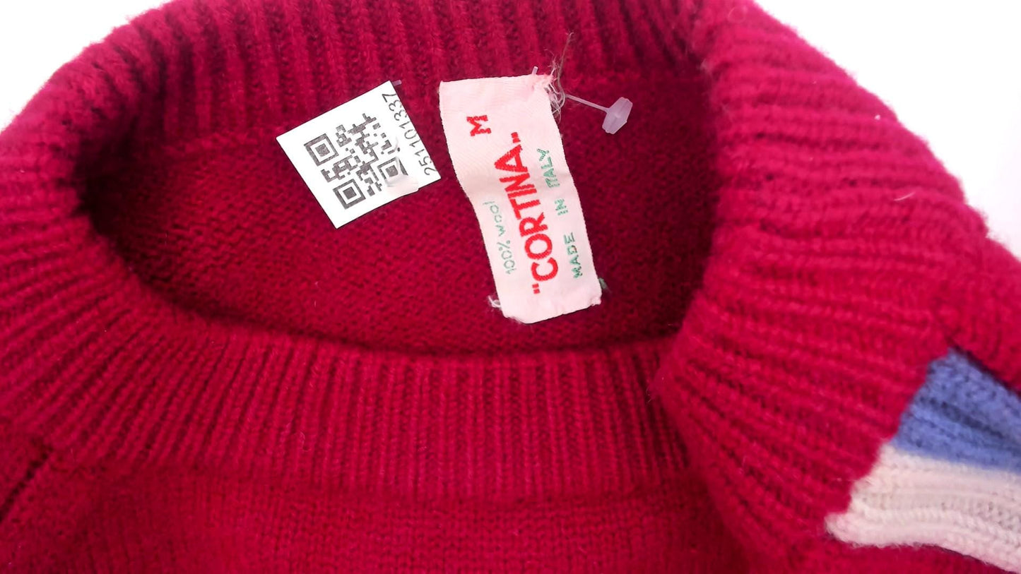 80s Cortina Burgundy Wool Sweater Stripe Raglan Crewneck Medium M