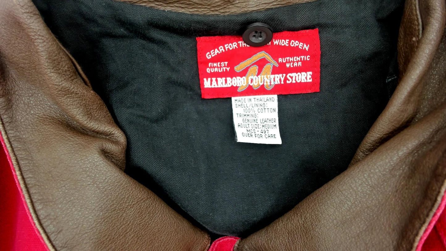90s Marlboro Red Cotton Barn Jacket Leather Collar Workwear Extra Large XL
