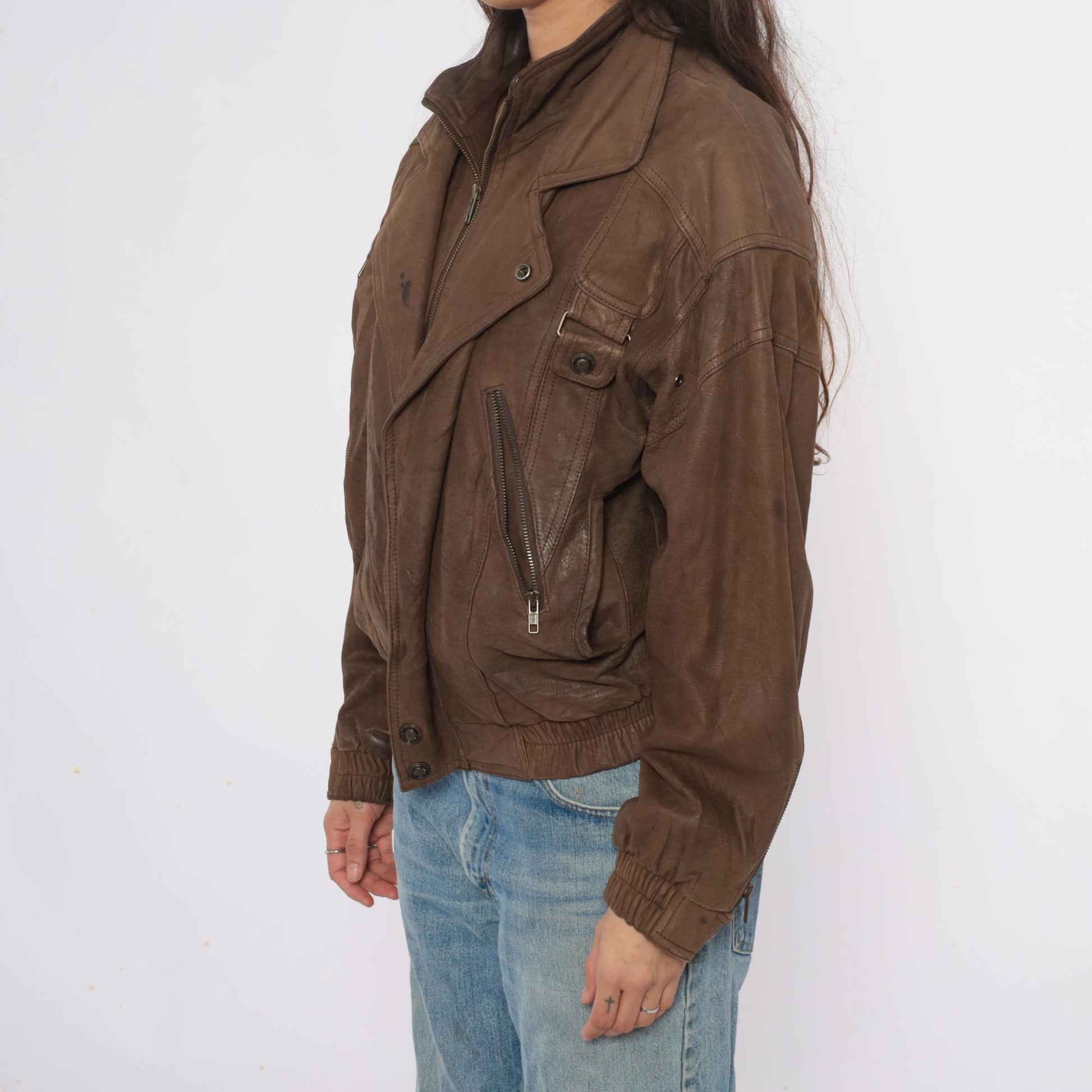 90s Wilsons Leather Brown Bomber Jacket Cropped Moto Zipper Small S