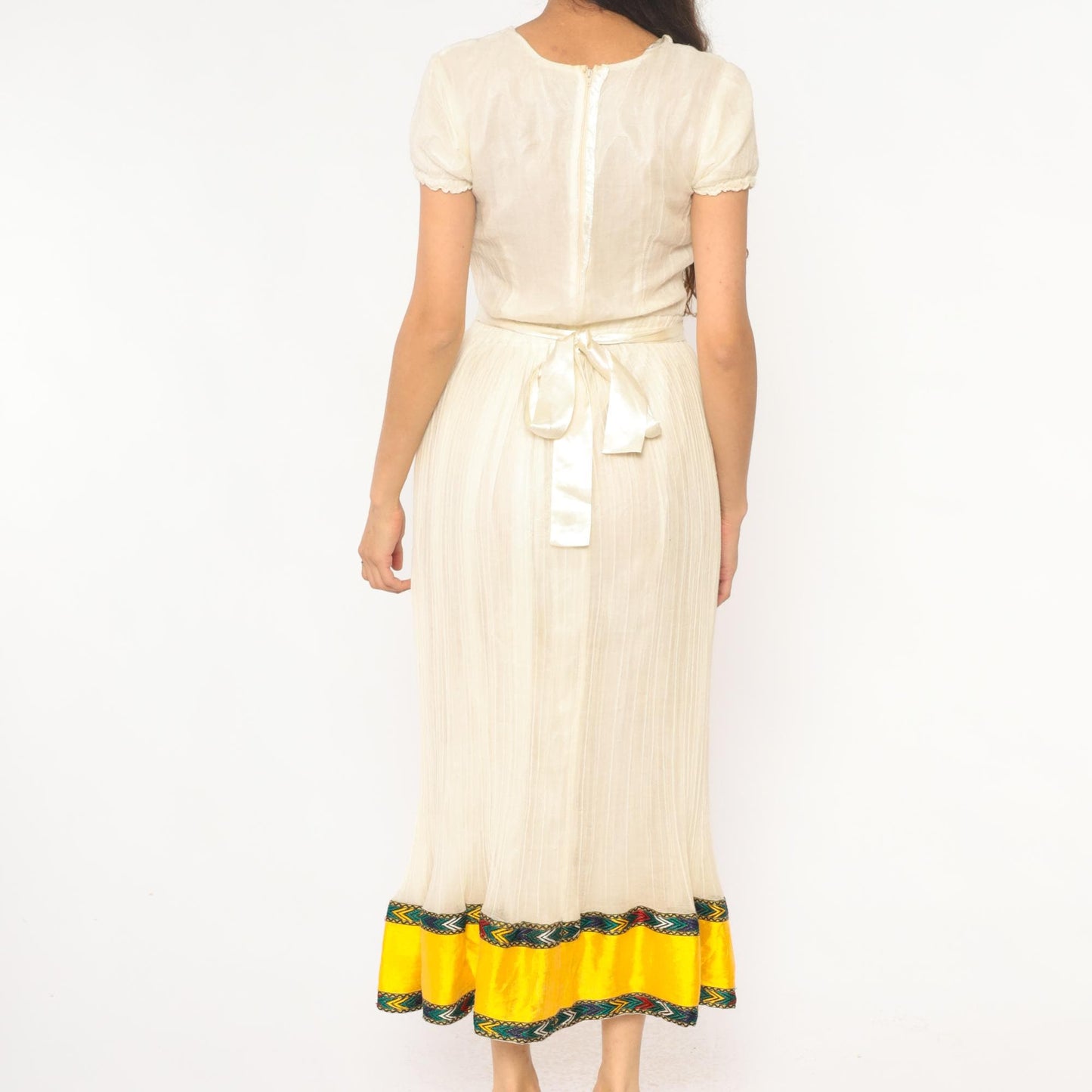 70s Cream Maxi Dress Puff Sleeve Pleated Skirt Embroidered Trim Extra Small